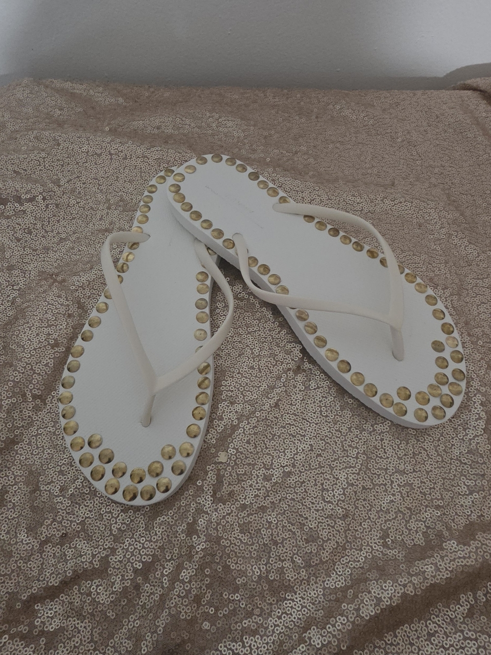 White Flip-Flop Sandals with Gold Stud Detail - Women